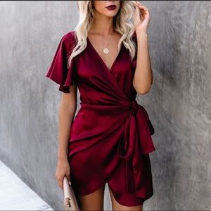 Vici Frame of Mind Satin Wrap Dress - Burgundy